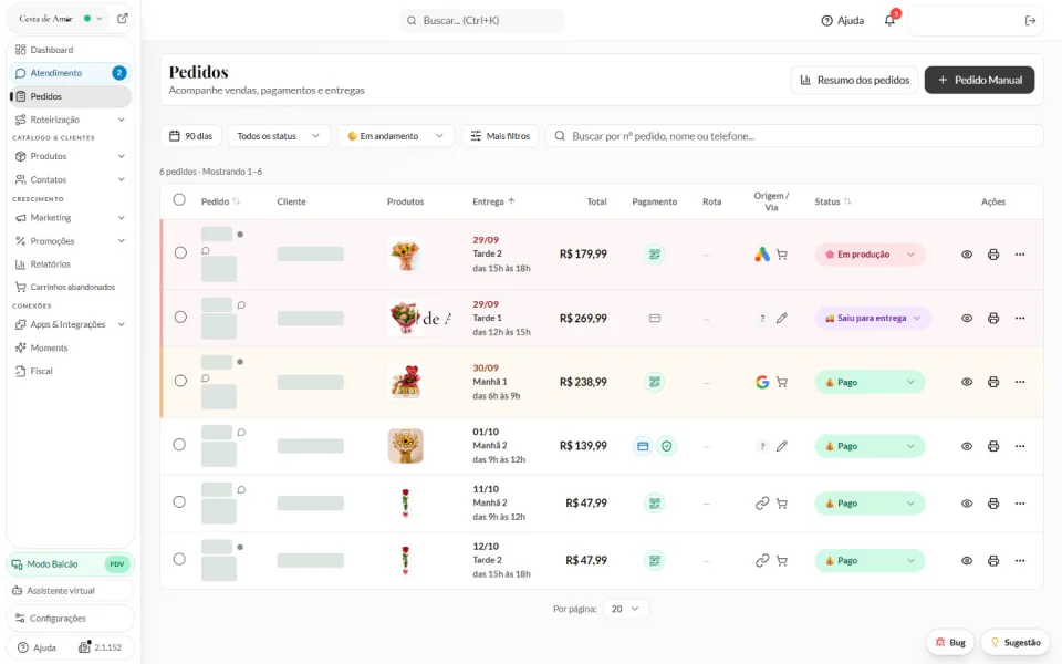 Lista de pedidos com data, período, pagamento e situação, com identificação de clientes ocultada